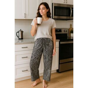 Tahari Sleep Pants XS Black White Paisley Knit Drawstring Cozycore Boho Lounge